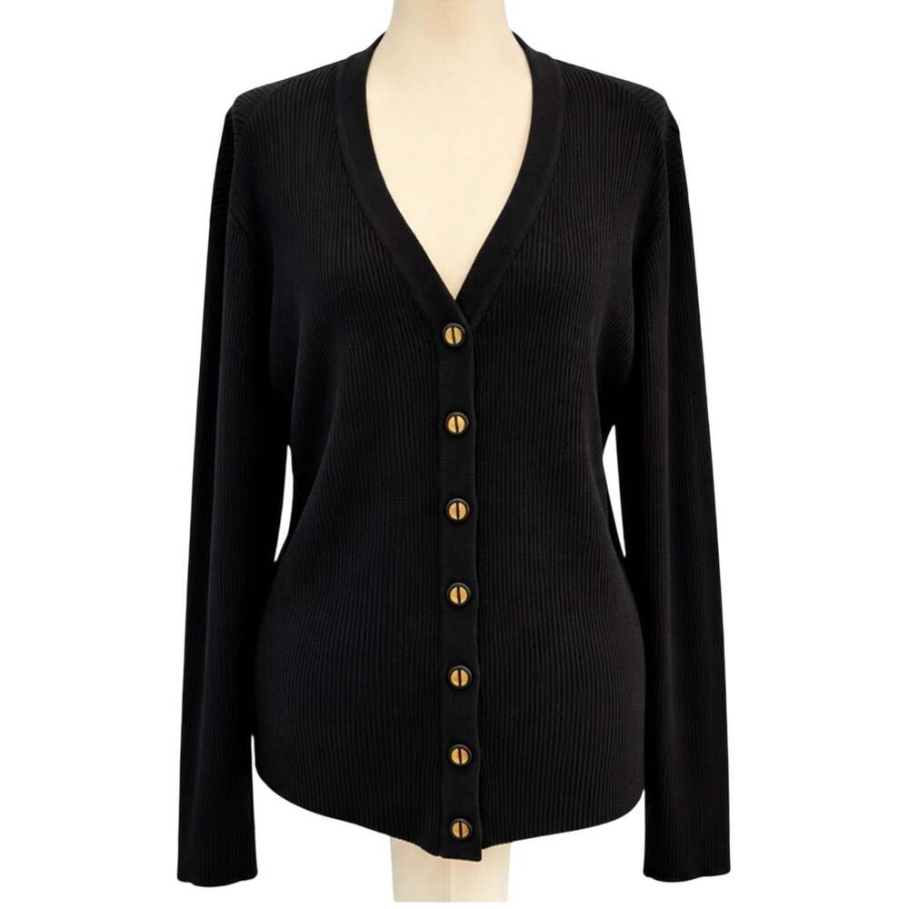 St. John Sport Black Ribbed Knit Wool Button Front Cardigan Sweater, Size XL
